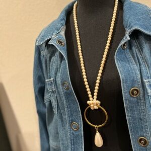 32” Pearl Necklace with Gold Teardrop key chain used as a Pendant
